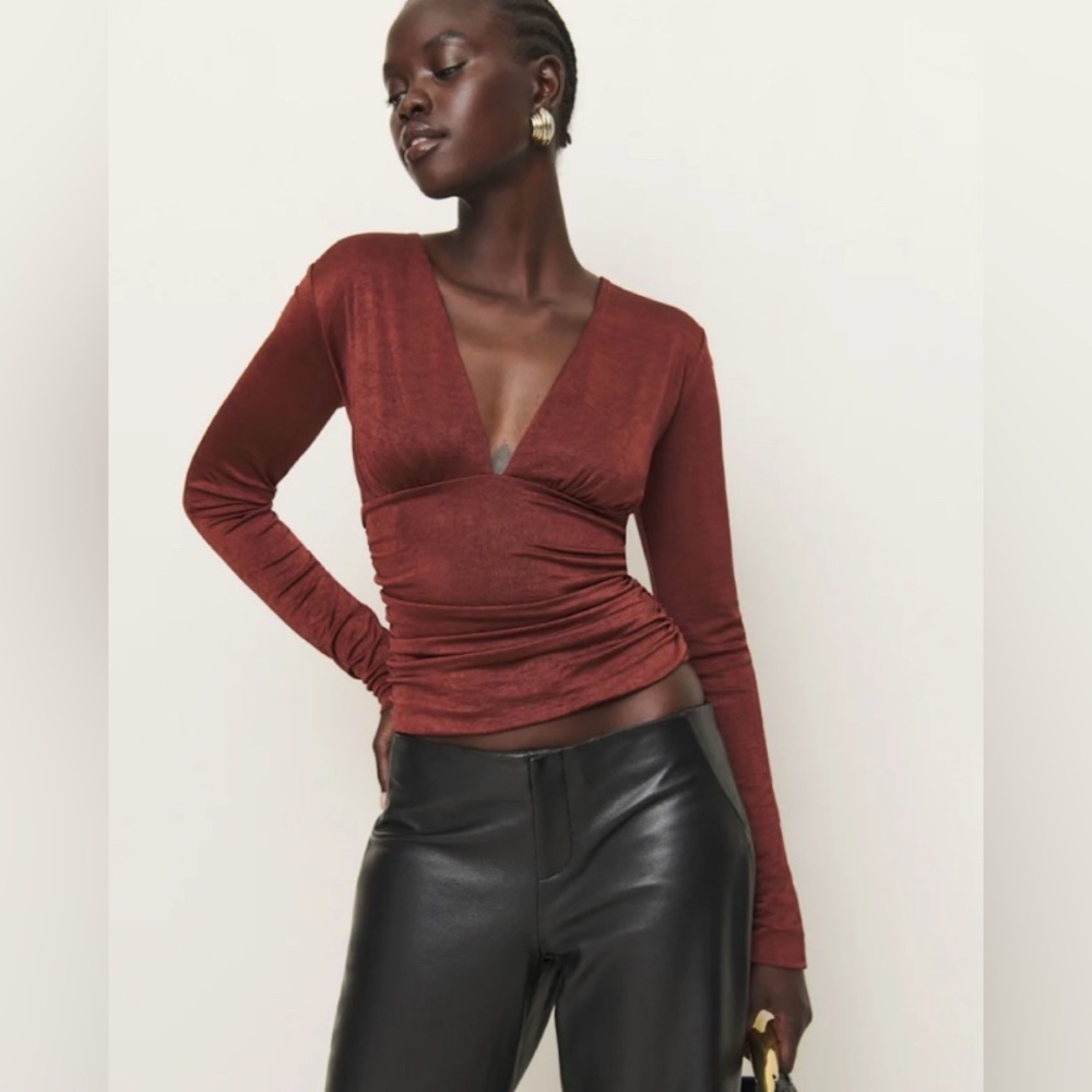 NEW Reformation Ines Burgundy Long-Sleeve V-Neck Ruched Top size XS